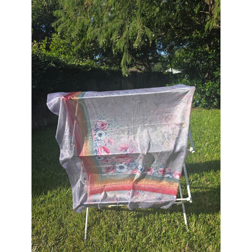 Lavender Floral Scarf Metallic Lurex Shimmer Pink Rose Rainbow Stripe Border - Picture 5 of 7